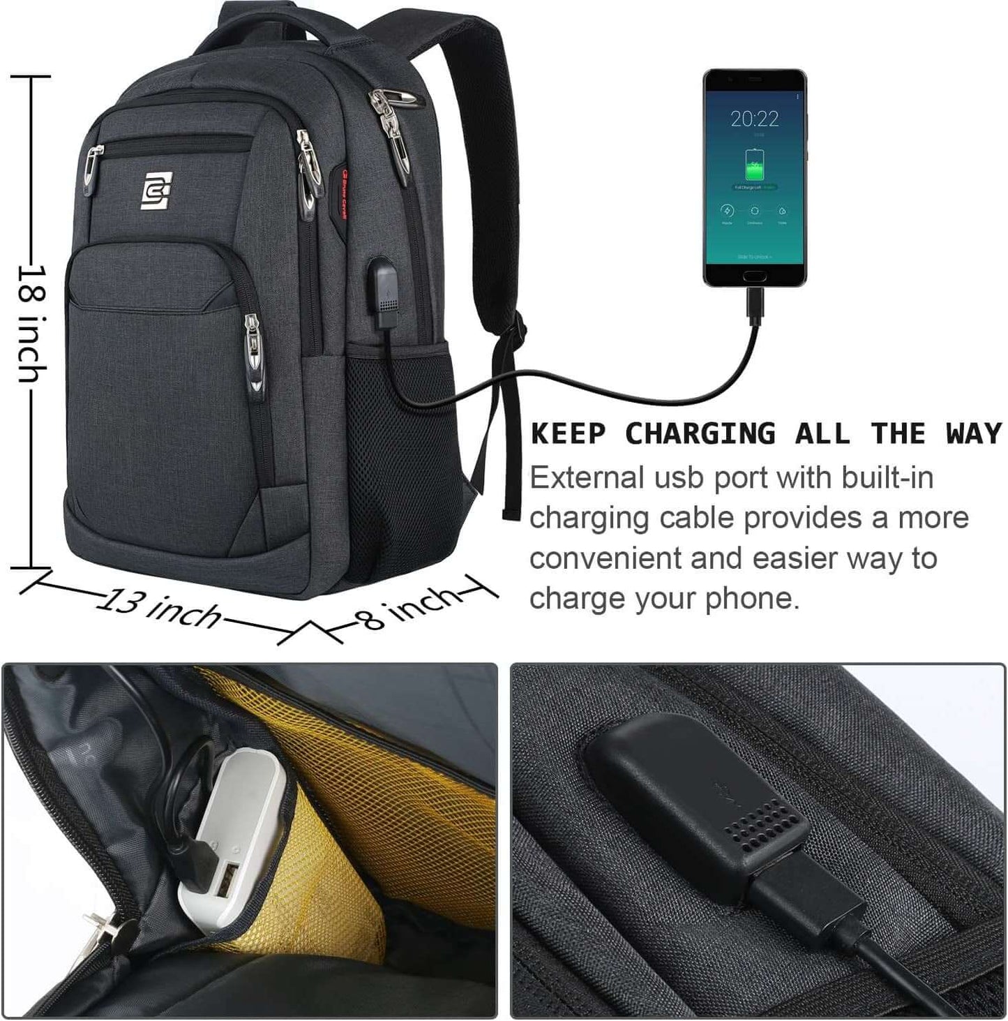 Durable black laptop backpack with USB charging port, showing interior pockets and external charging feature for convenience.