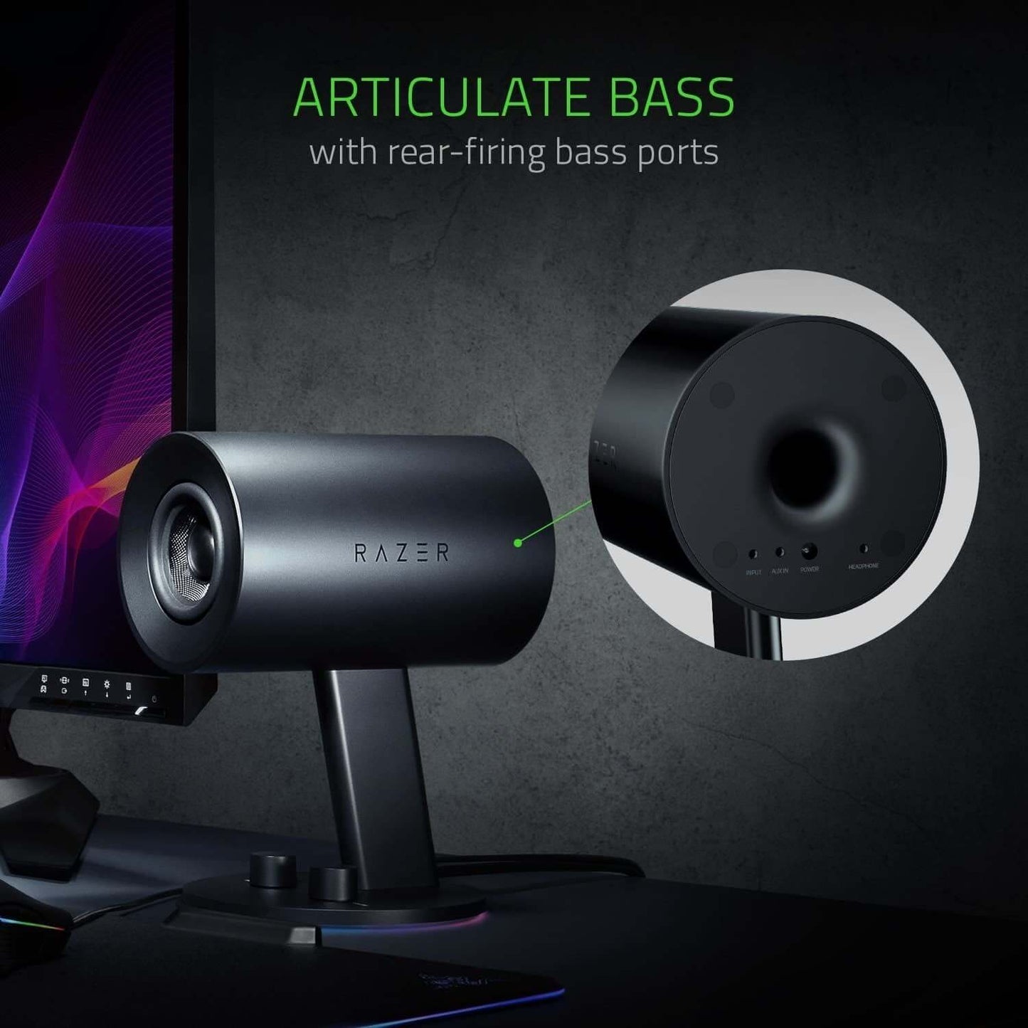 Razer Nommo Chroma gaming speaker showcasing rear-firing bass ports for enhanced audio clarity.