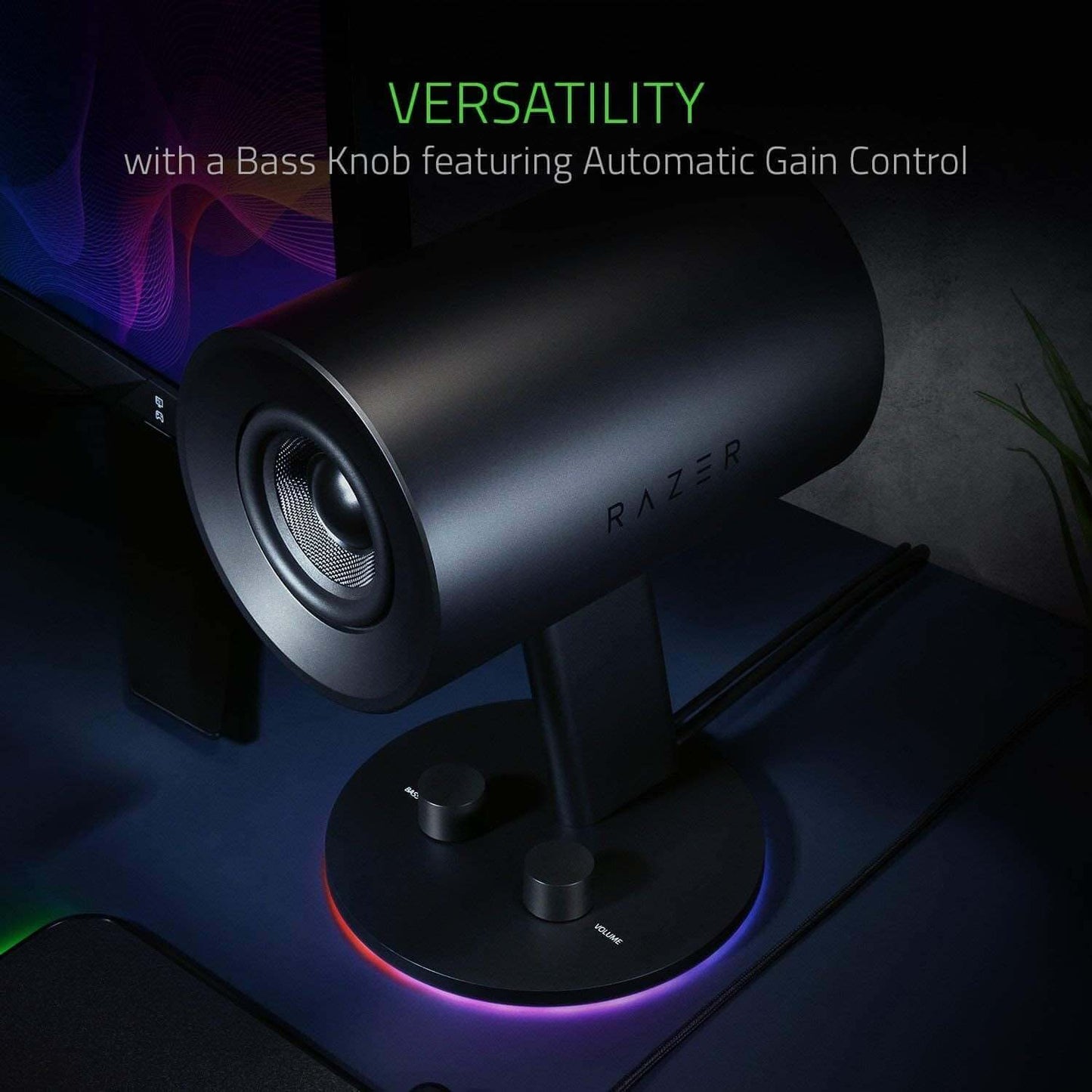 Razer Nommo Chroma speaker with bass knob featuring automatic gain control, showcasing versatility in audio experience.