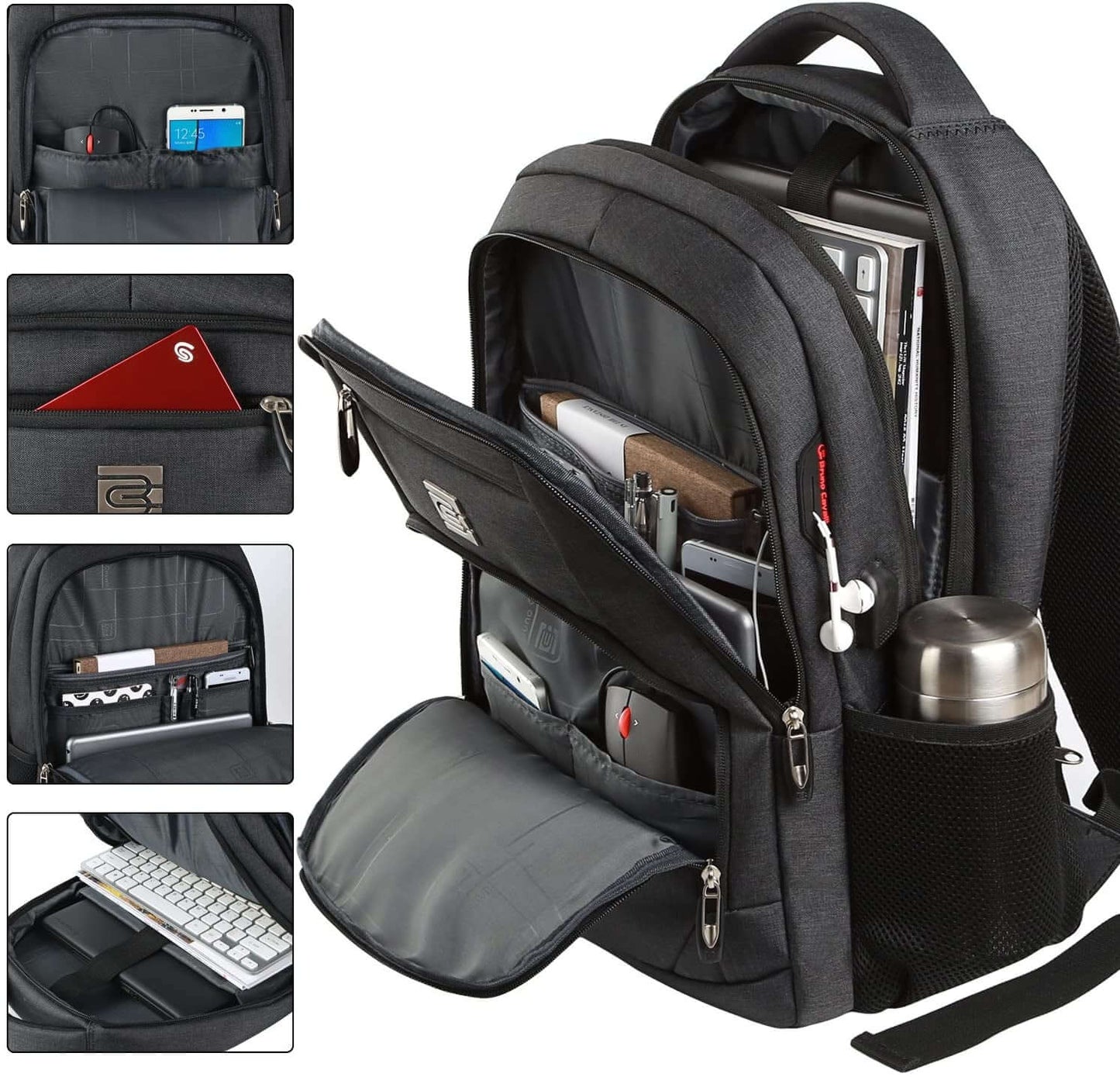 Black laptop backpack with spacious compartments and pockets, designed for organization and convenience in travel.