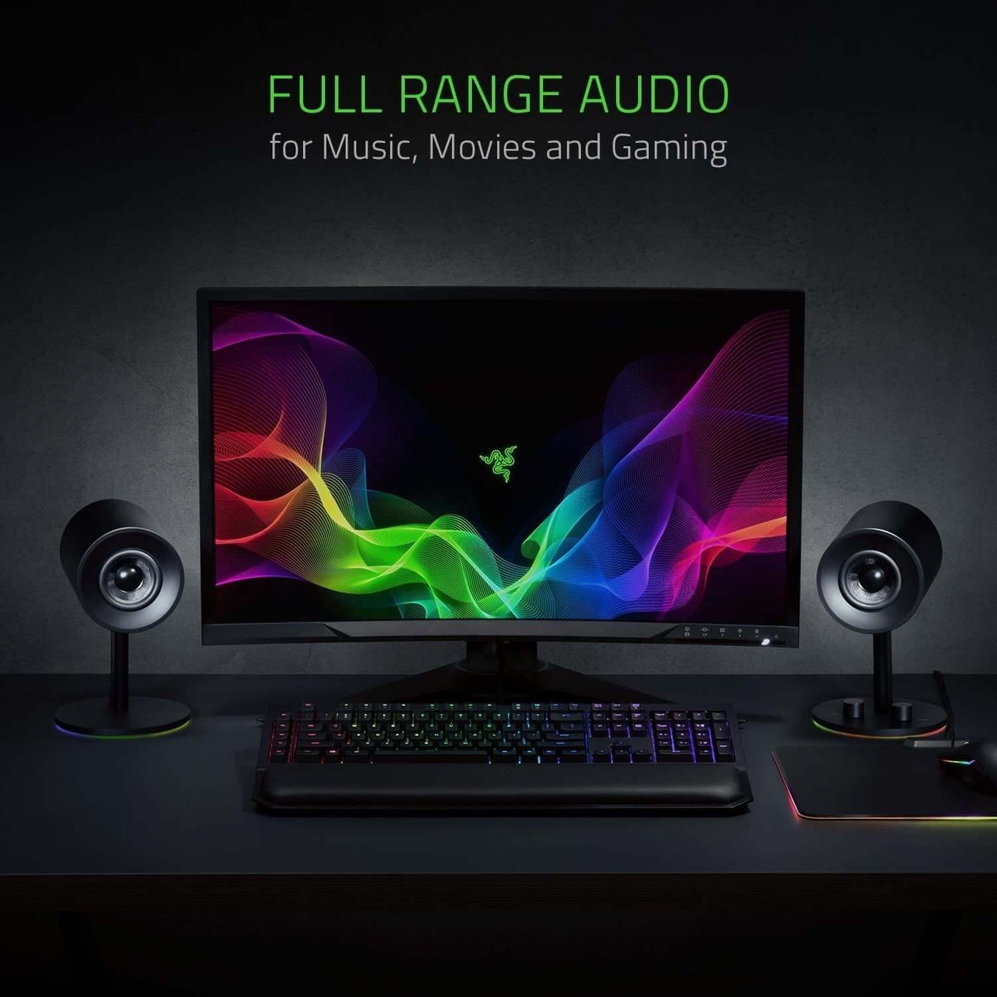 Razer Nommo Chroma gaming setup with full range audio for music, movies, and gaming displayed on a monitor.