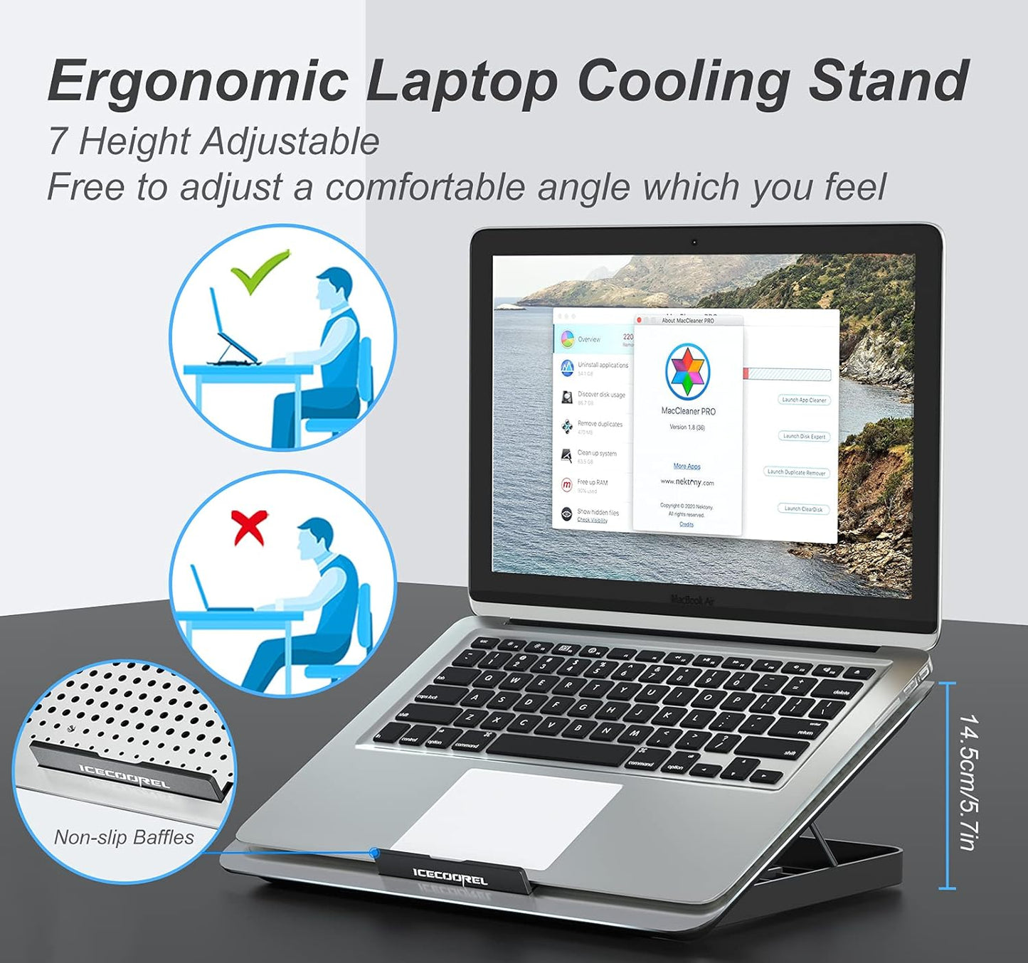 Aluminum Laptop Cooling Pad 2023 Upgrade, Laptop Cooler Stand with 7 Height Adjustable, Laptop Fan Cooling Pad for Laptop 12-15.6 Inch, Notebook Cooler Pad with Two USB Port (Silver)