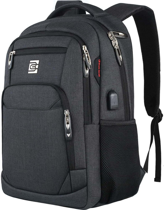 Anti-theft black laptop backpack with USB port, water resistant, fits up to 15.6-inch laptops, ideal for business travel and college.