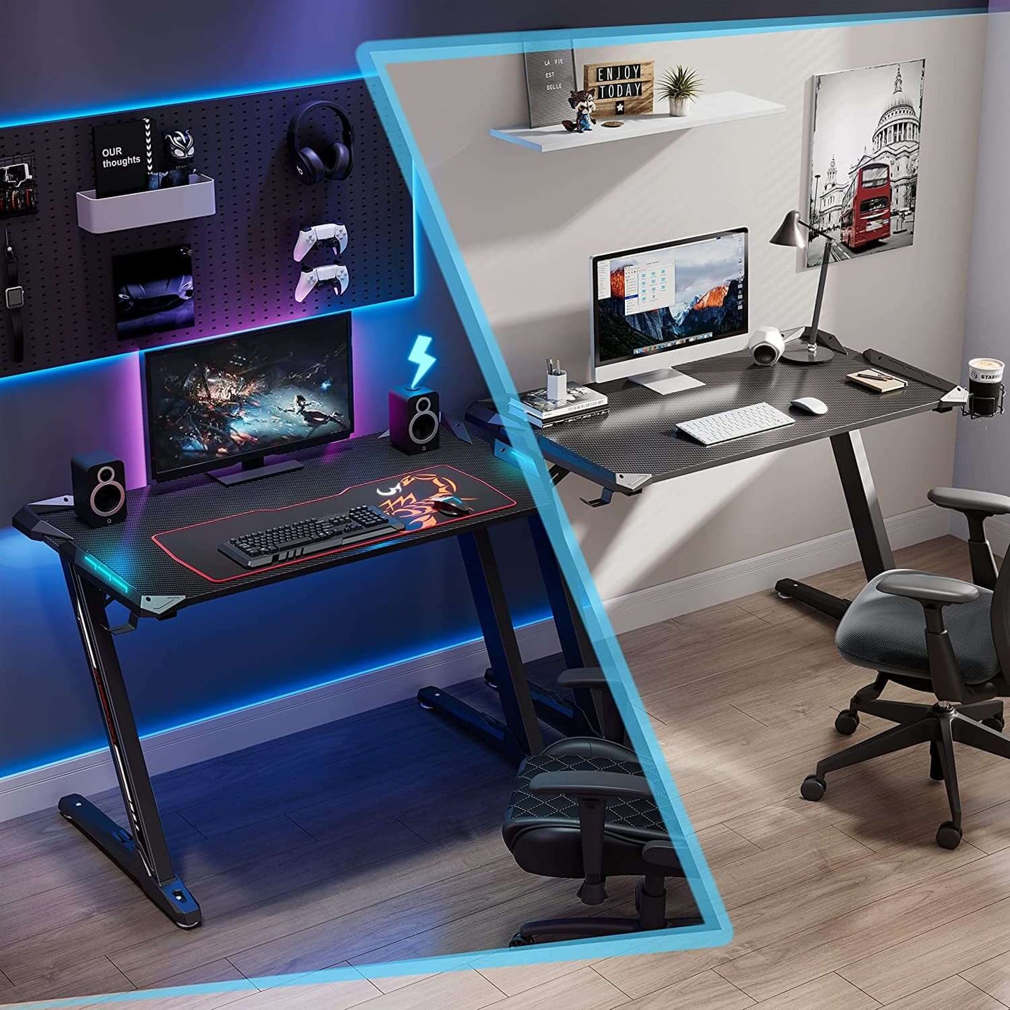 Z1-S Pro Gaming Desk 44.5" Z Shaped Home Office PC Computer Desks Gamer Tables with LED Lights Controller Stand Cup Holder Headphone Hook Free Mousepad for Men Boyfriend Female Gift