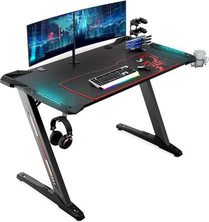 Z1-S Pro Gaming Desk 44.5" Z Shaped Home Office PC Computer Desks Gamer Tables with LED Lights Controller Stand Cup Holder Headphone Hook Free Mousepad for Men Boyfriend Female Gift